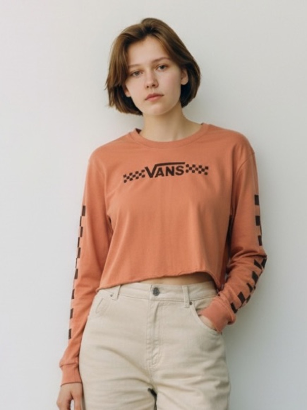 Vans Rust Cropped Long-Sleeve Tee with Brown Checkered Logo
